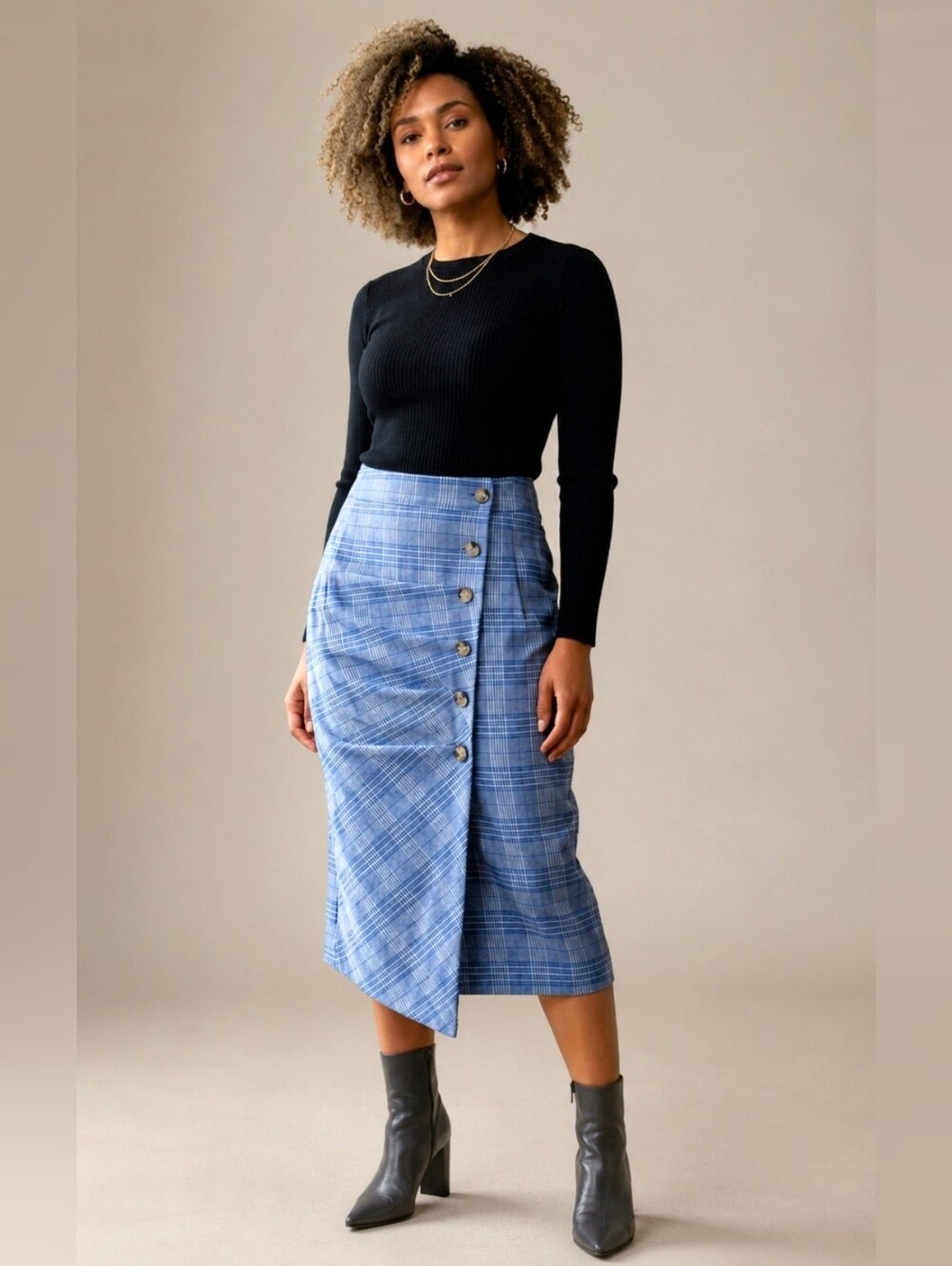Boohoo Blue Plaid Asymmetric Pleat Button Front Midi Skirt 100% Cotton Size 8